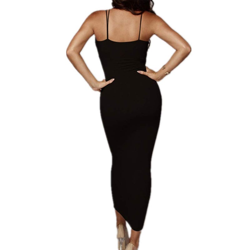 PRIMODA Women's Sexy Neon Asymmetrical Spaghetti Strap Dress Deep V-Neck Sleeveless Bodycon Midi Club Dress(Black,M) - Image 3